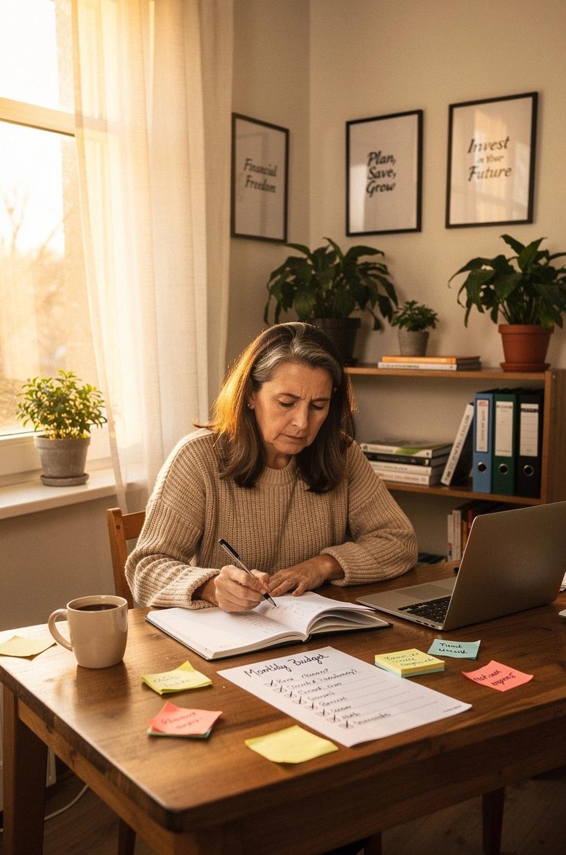 Egy személy ül egy asztalnál, előtte költségvetési jegyzetek és könyvek, miközben átnéz egy lépésről lépésre vezető pénzügyi ellenőrzőlistát.